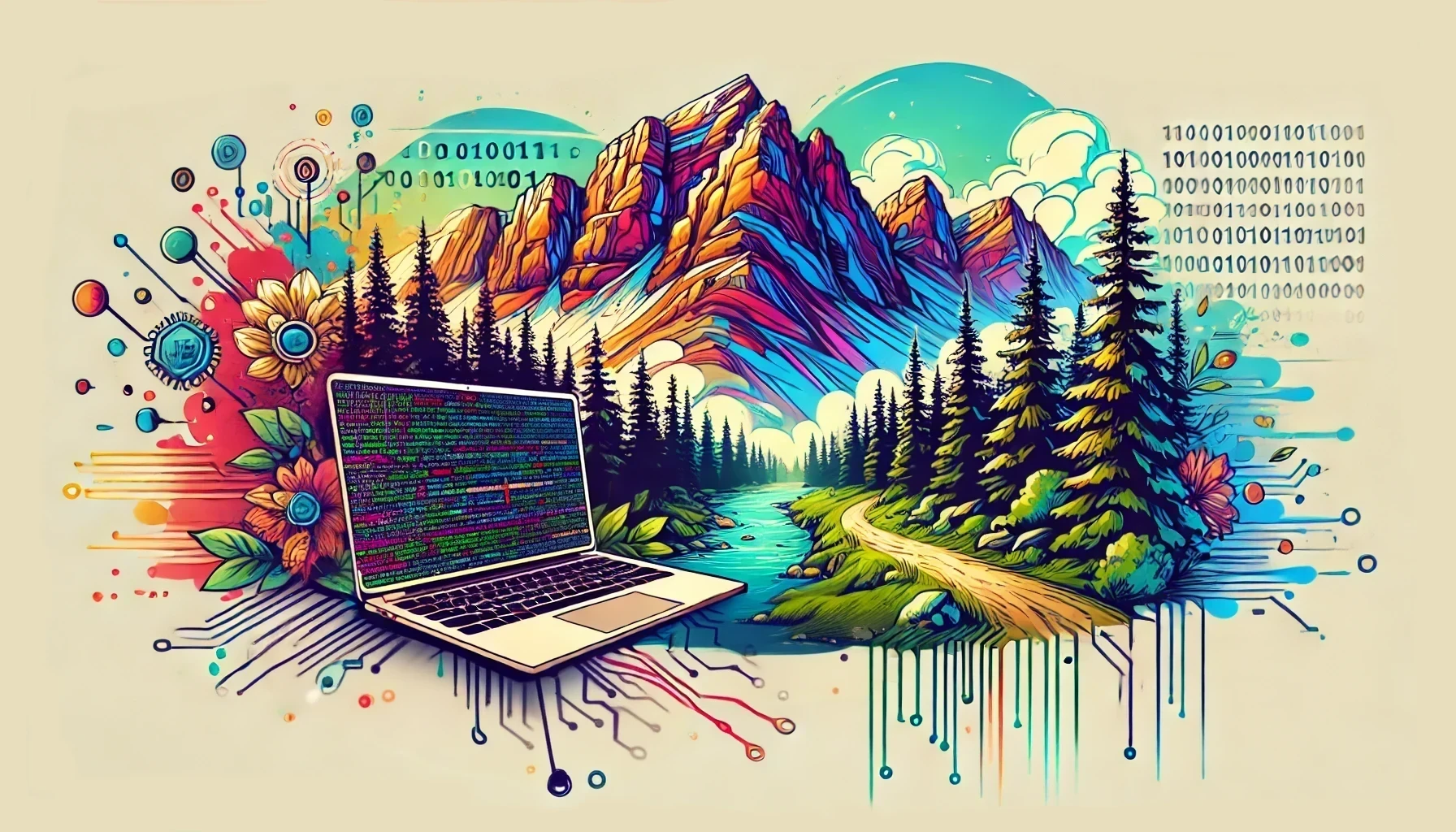 An illustration of mountains and a river